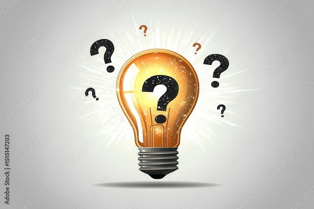 Poster glowing light bulb with question marks on abstract background