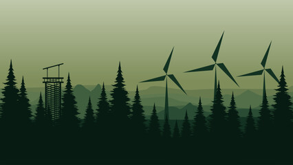 vector illustration of an abstract landscape with trees and windmill good for for wallpaper design, design template, background template, and tourism design template