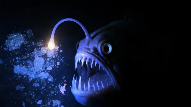 Bioluminescent anglerfish ingesting microplastics in abyssal darkness&mdash;microplastic impact on deep-sea ecosystem, 4 K
