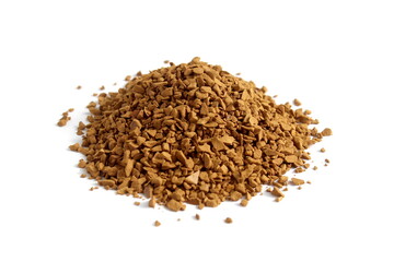There is a pile of instant coffee granules on a white background.