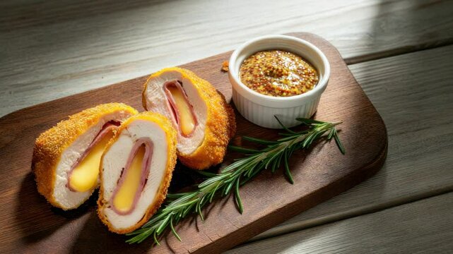 Delicious chicken cordon bleu on wooden board with mustard dip and rosemary sprigs