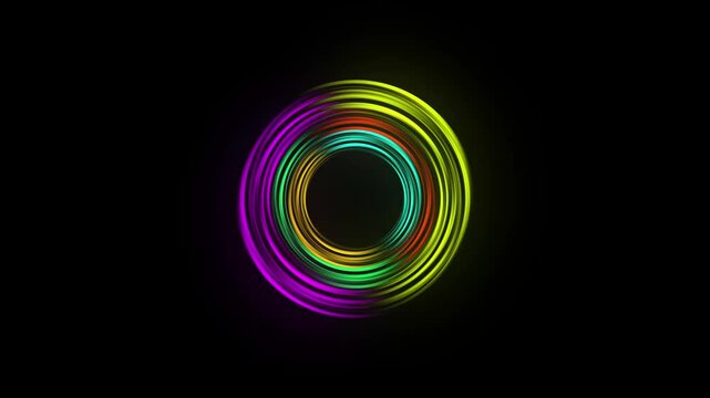 Vivid abstract background. Beautiful design of rotation frame. Mystical portal. Bright sphere lens. Rotating lines. Glow ring. Magic neon ball. Led blurred swirl