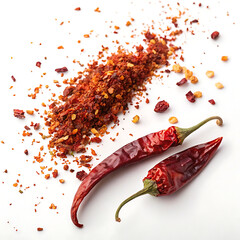 White background with crushed red pepper flakes sprinkled across