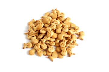 A pile of fish cookies on a white background.