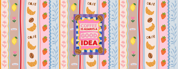 Plakat Coffee and croissant. Vector cute french illustration of seamless mediterranean pattern with dessert, lemon, strawberry, coffee beans, cappuccino and postage stamp 