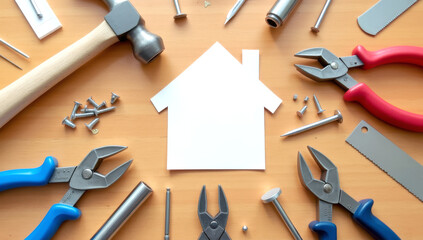 Home planning and preparing. House shaped paper cutout and tools on wooden table.