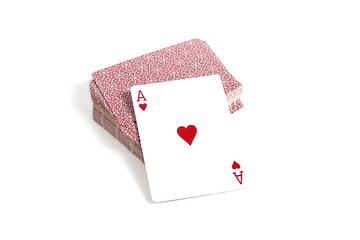  A deck of cards lies on a white background.	
