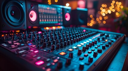 Close-up of a professional audio mixing console with speakers in a recording studio.
