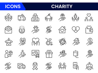 Vector illustration web line icon collection showcasing charity themes, including giving, helping hands, donations, support, community aid, and humanitarian assistance symbols.

