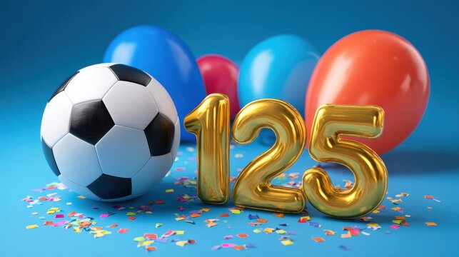  Fu&szlig;ball mit goldener 125 und Luftballons auf blauem Hintergrund