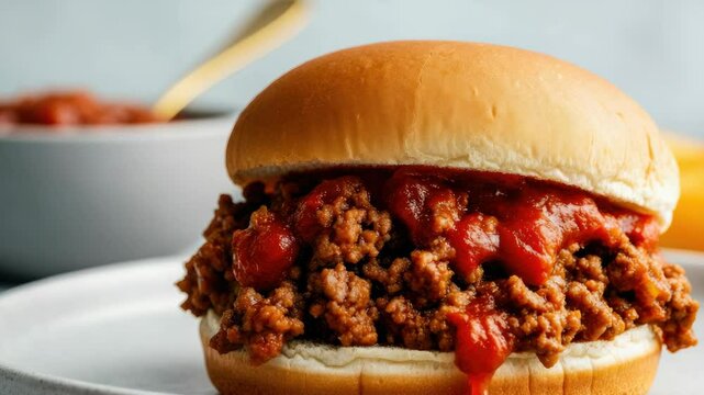Juicy sloppy joe sandwich on white plate, close-up