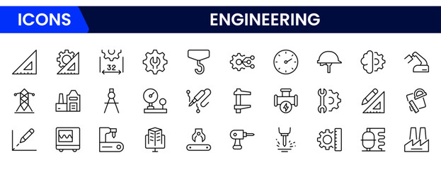 Vector illustration web line icon collection featuring engineering tools, gears, blueprints, machinery, technical design, innovation, construction, and mechanical components.
