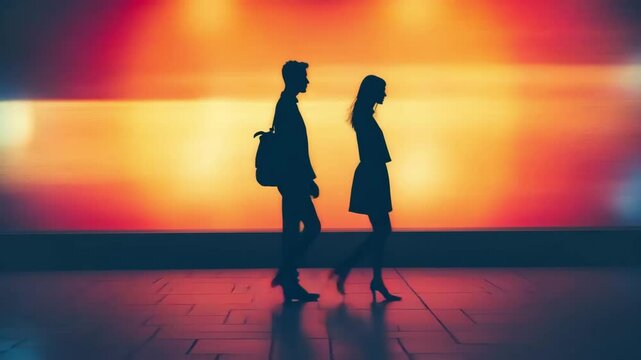 Two figures stroll past a vibrant backdrop of color in an urban landscape during twilight. The playful contrast highlights their silhouettes, creating a captivating visual moment