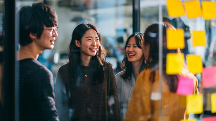 Korean entrepreneurs collaborating in sleek workspace, placing colorful sticky notes on glass wall during strategic planning meeting
