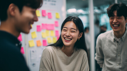 Young Korean entrepreneurs sharing a laugh during a productive brainstorming session, fostering team spirit and creative synergy
