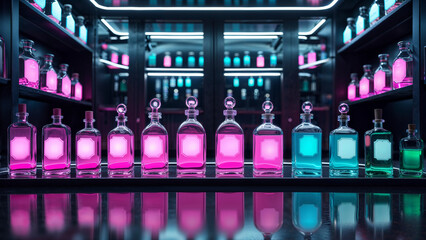 Colorful Potion Shelf in Neon Lab – Magical Vials and Bottles Collection