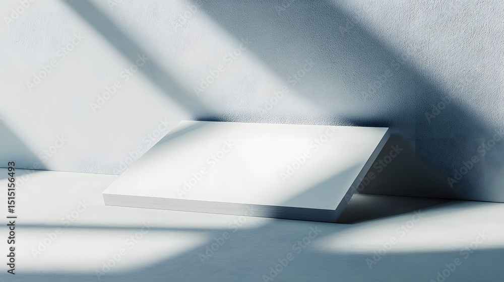 Poster empty white rectangular display podium against a light gray textured wall.
