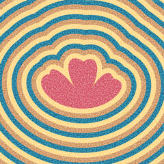 Abstract pink flower petal surrounded by concentric retro stripes in blue, beige, and yellow. Vector illustration.