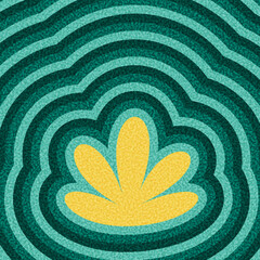 Stylized yellow petal shape centered in layered teal concentric waves. Vector illustration with textured retro style.