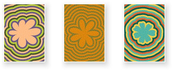 Three bold flower designs with colorful concentric wave backgrounds in vintage palettes. Vector illustration with textured style.