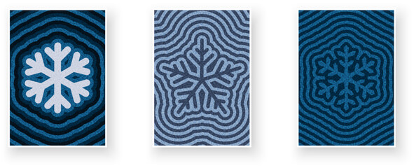 Stylized snowflake designs in shades of blue with ripple textures. Vector illustration ideal for winter themes.