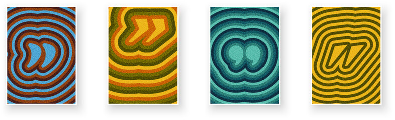 Set of colorful quotation mark icons with layered wavy stripes. Vector illustration in bold retro-inspired designs.