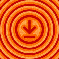 Minimal red download arrow centered in bright orange concentric wave rings. Vector illustration with retro energy.