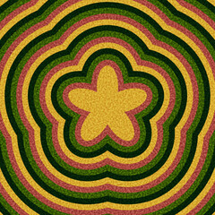 Stylized yellow flower over layered ripple lines in green and red. Vector illustration.