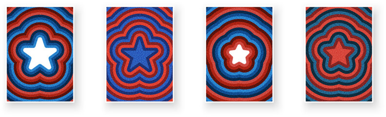 Set of four red, blue, and white star designs with bold concentric wave patterns. Vector illustration with patriotic flair.