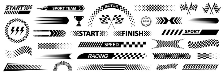 Racing cars and race car stripes set, angled checkered patterns, checkered flag, start and finish line, motocross labels, dynamic lines, motorsport, racing stripe speed, sport decals, tuning stickers