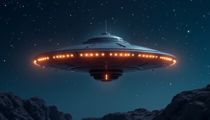 Obraz premium UFO Flying Saucer Over Rocky Terrain in Night Sky with Stars