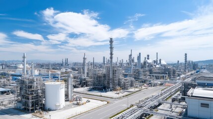 Obraz premium Aerial view of an industrial refinery plant, showcasing modern energy infrastructure and technological progress