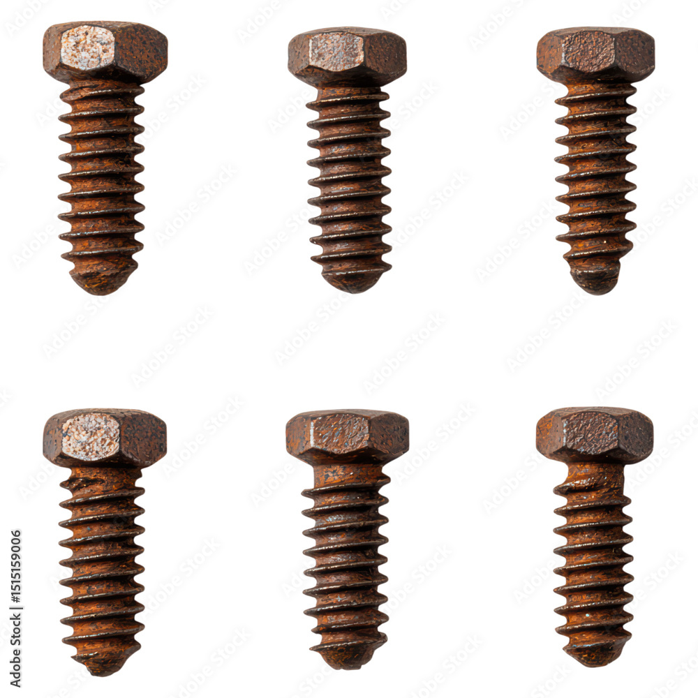 Poster close-up view of rusty metal screws in six various positions on a dark surface, isolated on transpar