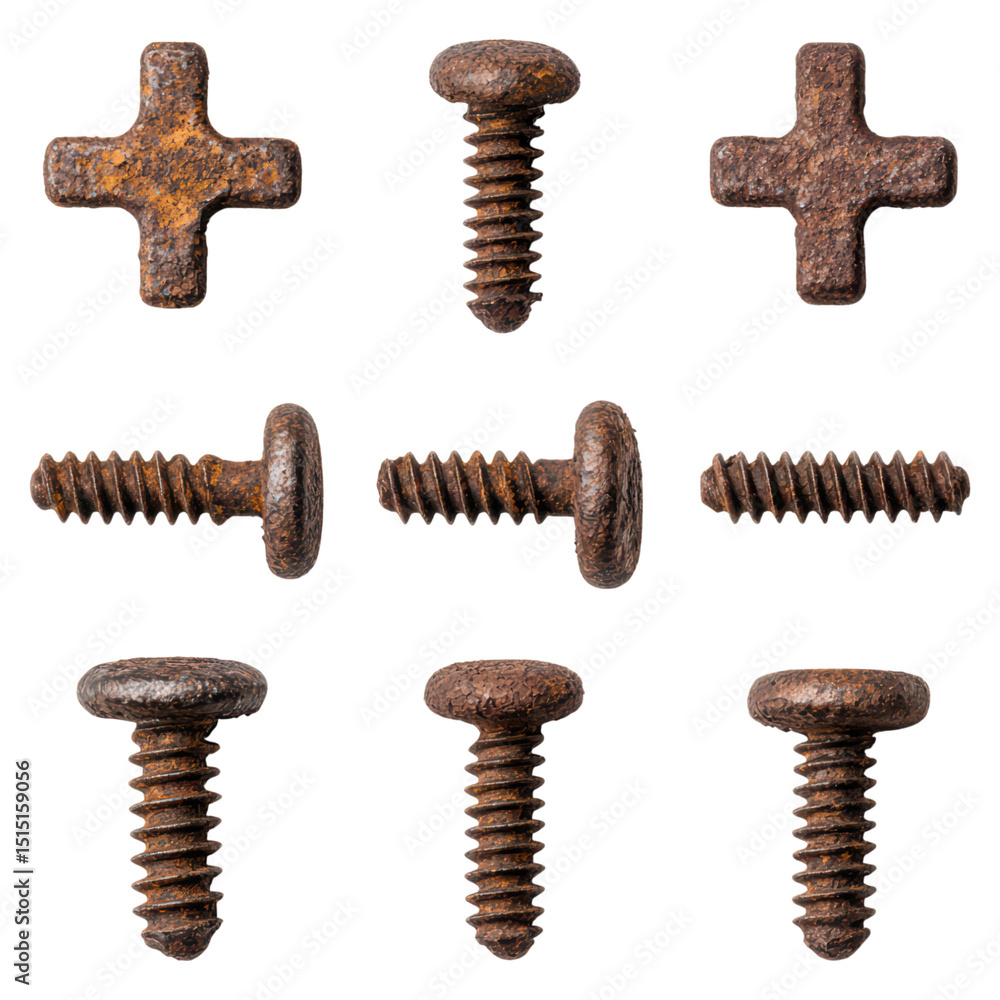 Aufkleber collection of old rusty screws in various shapes and sizes for design use, isolated on transparent b