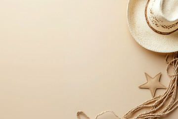 Soft neutral rustic wooden background with a straw cowboy hat and dried flowers. Wild West.