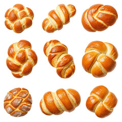Variety of Freshly Baked Sweet Bread Knots on Isolated Background, isolated on transparent background.