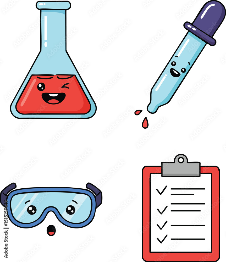 Poster laboratory science equipment with smiling flask droplet pipette goggles and checklist vector illustr