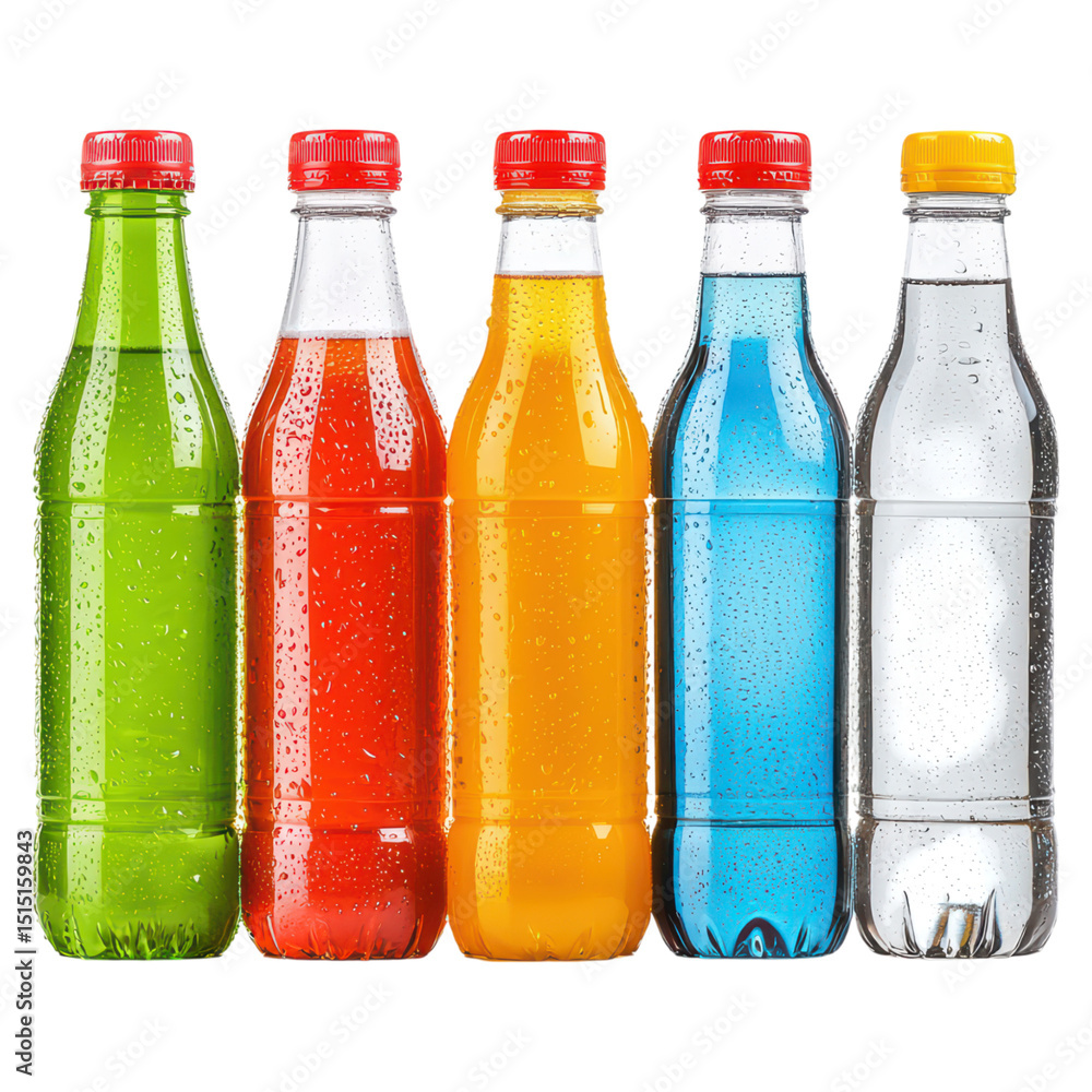 Poster colorful assorted soft drink bottles with red and yellow caps on white background, isolated on trans