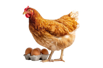 Fototapeta premium Hen with fresh eggs isolated on transparent background.