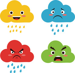 Obraz premium Colorful clouds with rain drops showing happy sad angry and scared emotions vector illustration 