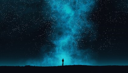 Silhouette of a man walking in an open space under a sky full of stars. Illustration drawn on a tablet, conveying a state of mind and peace.