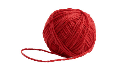 A single ball of red yarn with a loose end on a white background in a studio shot for crafting usage
