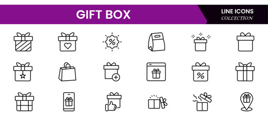 Vector illustration web line icon collection featuring gift boxes, presents, ribbons, celebrations, surprises, wrapping, and festive packaging symbols for various occasions.
