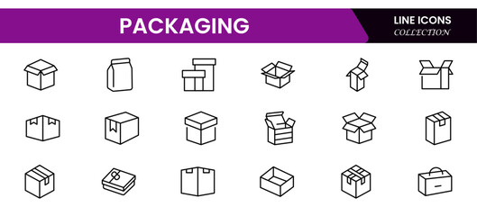 Vector illustration web line icon collection showcasing packaging concepts: boxes, cartons, tape, labels, shipping, wrapping, and secure delivery symbols.
