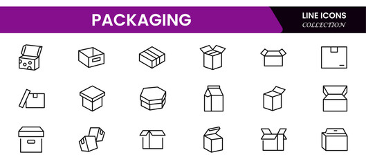 Vector illustration web line icon collection showcasing packaging concepts: boxes, cartons, tape, labels, shipping, wrapping, and secure delivery symbols.
