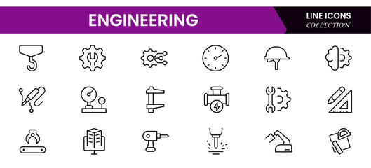 Vector illustration web line icon collection featuring engineering tools, gears, blueprints, machinery, technical design, innovation, construction, and mechanical components.

