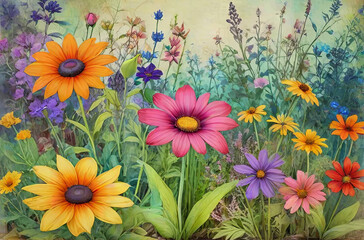 a vibrant garden or meadow filled with an array of colorful flowers, rich and radiant atmosphere, emphasizing the beauty of nature