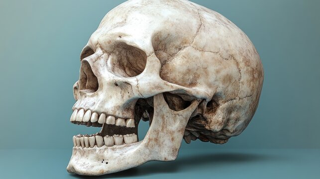 Detailed 3D model of a human skull, profile view.  A realistic, light beige skull is angled to the right, mouth open, against a muted teal background.  Visible teeth and bone texture