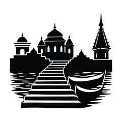Varanasi Ghats Vector Silhouette with Temples and Boats