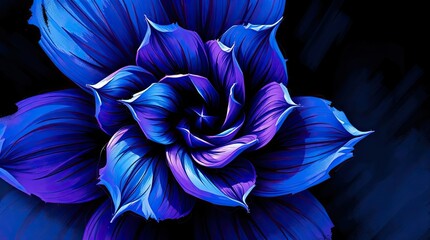 This artwork features a striking blue and purple flower design with various shades and highlights creating depth against a dark background captivating the viewer